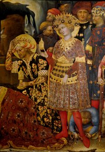 Altertavle av tilbedelsen av magiene (Pala Strozzi) Detalj som representerer to konger. Maleri av Gentile da Fabriano (Gentile di Niccolo) (1370-1427) 1423 Søn. 173x220 cm. Tempera på tre. Firenze, Galleria degli Uffizi (Uffizi) av Gentile da Fabriano