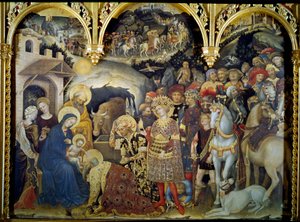 Tilbedelsen av Detrempe Magi på tre av Gentile da Fabriano (1370-1427) 1423. Søn. 3x2,8 m Firenze, Uffizi-galleriet. av Gentile da Fabriano
