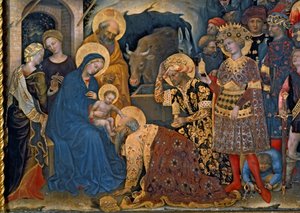 The Adoration of the Magi, detalj av Jomfru og barn med tre konger, 1423 tempera på panel