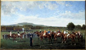 Avreise i Longchamp gitt av Baron Foy i 1877 Sette opp hester ved starten av et løp på veddeløpsbanen. Maleri av Geo Arnull (1800-tallet) 1877. Paris, Societe-oppmuntring av Geo Arnull