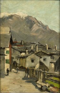 Hus langs en vei nær et fjell (Innsbruck?) av Geo Poggenbeek