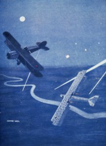 Bristol jagerfly angriper tysk Gotha bombefly over London om natten (farge litho) av Geoffrey Watson