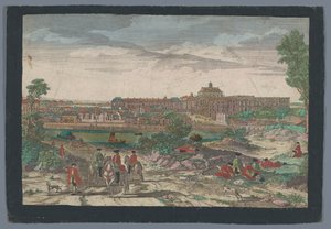 Utsikt over byen i slottet i Versailles Ansiktet til palasset og en del av byen Versailles (tittel på objekt)