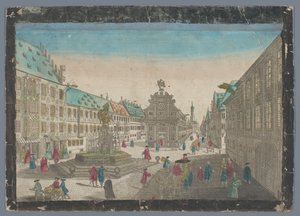 Utsikt over vinmarkedet i Augsburg Prospekt av vinmarkedet opp Saltz Stadel mot S. Ulrich til Augspurg (tittel på objekt) av Georg Balthasar Probst (possibly)