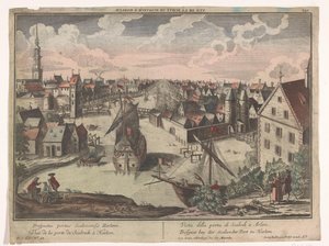 Utsikt over Schalkwijker-porten i Haarlem Prospect bey der Scalwecker Port zu Harlem (tittel på objekt) Haarlem (serietittel) av Georg Balthasar Probst
