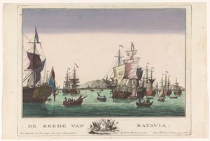 Utsikt over havnen i Batavia Veigården til Batavia (tittel på objekt) Havneutsikt (serietittel) av Georg Balthasar Probst
