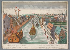 Utsikt over en kanal i nærheten av Ketelpoort i Delft Prospect bey der Kettel Port, zu Delft (tittel på objekt) Delft (serietittel) av Georg Balthasar Probst