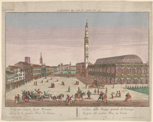 Utsikt over Piazza dei Signori i Vicenza med hestevogner og figurer ..., ca. 1750-1801. av Georg Balthasar Probst