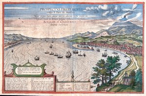 Messina (the Pharo) - Scilla og Chariddi, Sicilia, Italia - i #39;Civitates Orbis Terrarum#39; av Georg Braun, Köln 1617 av Georg Braun