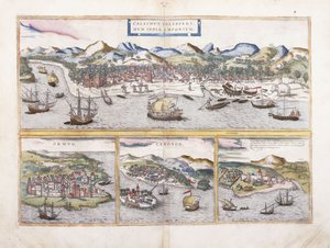 Utsikt over Calcutta, India, og under mindre utsikt over Ormuz ved inngangen til Persiabukta, Canonor i India og den portugisiske festningen El Mina i Vest-Afrika, 1572