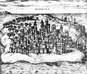 Utsikt over Mombaza, fra Georg Brauns Civitates orbis terrarum, publisert i 1572 graveringsdetalj av 483404 av Georg Braun und Franz Hogenberg