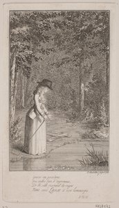 En ung dame står i en skog ved vannkanten av Georg Christian Schule