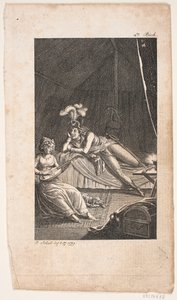 Illustrasjon med en dame som spiller lutt for en herre i et telt av Georg Christian Schule