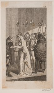 Illustrasjon av en ung dame som gir et brev til en eldre mann. I bakgrunnen to herrer omringet av byvakter av Georg Christian Schule