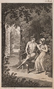 Illustrasjon med et par på en benk i en hage av Georg Christian Schule