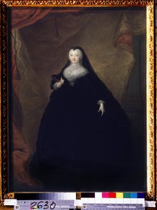 ""Portrett av Elisabeth Petrovna (1709-1762) keiserinne av Russland under navnet Elisabeth I, datter av Peter den store"" Hun er forkledd, holder en maske i hånden. Maleri av Georg-Christoph (Georg Christoph) Grooth (1716-1749) 1748 State Tretyakov G