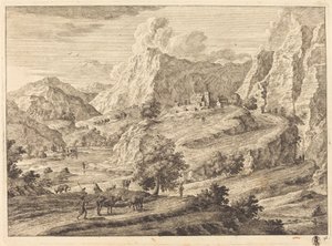 Fjelllandskap med figurer og et kloster av Georg Eisenmann