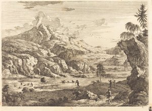 Fjellrikt elvelandskap med figurer av Georg Eisenmann