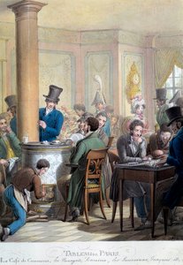 Table of Paris: utsikt over cafe du commerce: borgerlig snakker, spiller domino. Litografi av George Emanuel Opitz (1775-1841) 1800-tallet. Paris, Musee Carnavalet