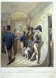 Kontoret til Theatre Francais, fra Tableau de Paris, 1815-30 (wc på papir) av Georg Emanuel Opitz