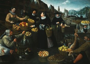En allegori om høsten: En frukt- og grønnsaksbod over Weinmarkt i Frankfurt,