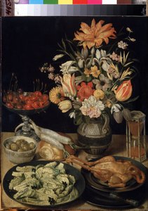 ""Stilleben med blomster, kylling, timeglass, oliven, kirsebær og kål"" (Stilleben med blomster og snacks) Maleri av Georg Flegel (1566-1638) 1630-1635 Dim. 52,5x41 cm Eremitagemuseet, St. Petersburg