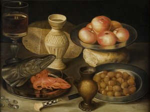 Stilleben med Siegburg steintøymugge, glass, kniv, to brød, tidlig på 1600-tallet.