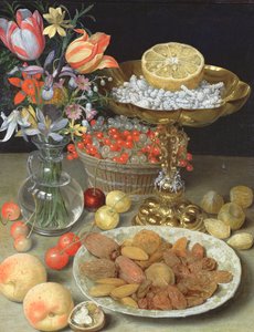 Stilleben med blomster og dessert