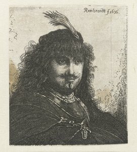 Selvportrett (?) med plymerhette og senket sabel av Georg Leopold Hertel