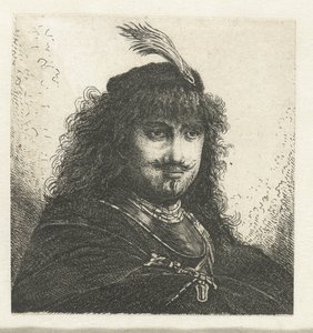 Selvportrett (?) med plymerhette og senket sabel av Georg Leopold Hertel