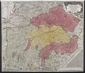 Kart over Bayern, ca. 1757 (farget gravering) av Georg Matthäus Seutter