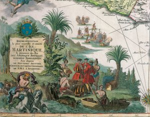 Kart over Martinique laget av Matthieu Seutter, detaljer: Kjøpmenn og indianer av Georg Matthäus Seutter
