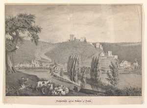 Sayner Hütte en het slot Sayn Saynerhütte og Sayn Castle (tittel på objekt) av Georg Osterwald