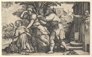 Abraham sender Hagar og Ismael bort: Abraham holder frem et kar som Hagar og Ishm..., ca. 1543. av Georg Pencz