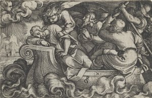 Kristus sover under stormen på Tiberiassjøen, fra Historien om Kristus, 1534-35. av Georg Pencz