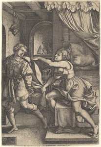 Josef går bort fra Potifars kone, som griper kappen hans med begge hender mens hun st..., 1546. av Georg Pencz