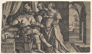 Sarah presenterer Hagar for Abraham, som sitter ved fotenden av en seng, fra serien The..., ca. 1543. av Georg Pencz