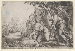 Tobiolus Catches the Fish, fra The Story of Tobias, 1543. av Georg Pencz