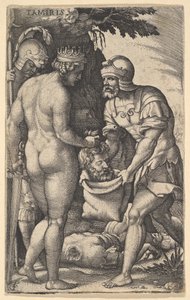Tomyris, vist naken bakfra, plasserer hodet til Cyrus i en sekk holdt av en soldat..., ca. 1539.