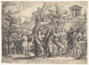 Triumph of Love: fire hester trekker en vogn med Cupid stående på en rykende plattform..., ca. 1539. av Georg Pencz