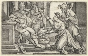 Kvinne erklærer sin uskyld under ed Sannhetens munn Bocca della Verita av Georg Pencz