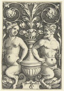 Kvinnelig og mannlig satyr Overflatedekorasjoner med grotesker og bladranker (serietittel) av Georg Pencz