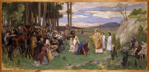Anschaire (Oscar) de Breme (801-865) preche le christianisme en Scandinavie - Ansgar Preaching Christianity, av Pauli, Georg (1855-1935). Olje på lerret. Mål: 64x136 cm. Nationalmuseum Stockholm