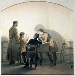 Ved pianoet (Ved pianoet). Russiske soldater som spilte piano under Krim-krigen. Maleri av George Wilhelm Timm (1820-1895). Akvarell og blyant på papir, 20,8 x 20,1 cm