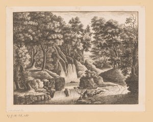Foss i skog med to fiskere i forgrunnen av Georg Wolfgang Knorr (possibly)
