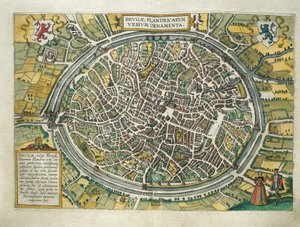 Belgia, Brugge kart fra Cities of the World av Georg Braun (1541-1622) og Franz Hogenberg (1540-1590), Köln, gravering av Georg Braun and Hogenberg Franz