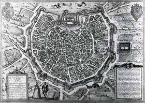 Bykart over Milano, i 1572, av Antonio Lafreri (1512-1577), utgitt av Georg Braun og Franz Hogenberg, Italia