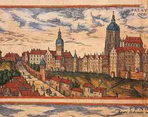 Tsjekkia, Praha, Utsikt over citadellet, fargegravering fra Civitates Orbis Terrarum av Georg Braun (1541-1622) og Franz Hogenberg (1535-1590) av Georg Braun and Hogenberg Franz