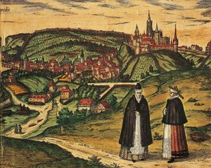 Tsjekkia, Praha, Utsikt over byen med citadellet i bakgrunnen, fargegravering fra Civitates Orbis Terrarum av Georg Braun (1541-1622) og Franz Hogenberg (1535-1590)