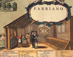 Detalj som representerer papirindustrien til byen Fabriano, av Georg Braun av Georg Braun and Hogenberg Franz